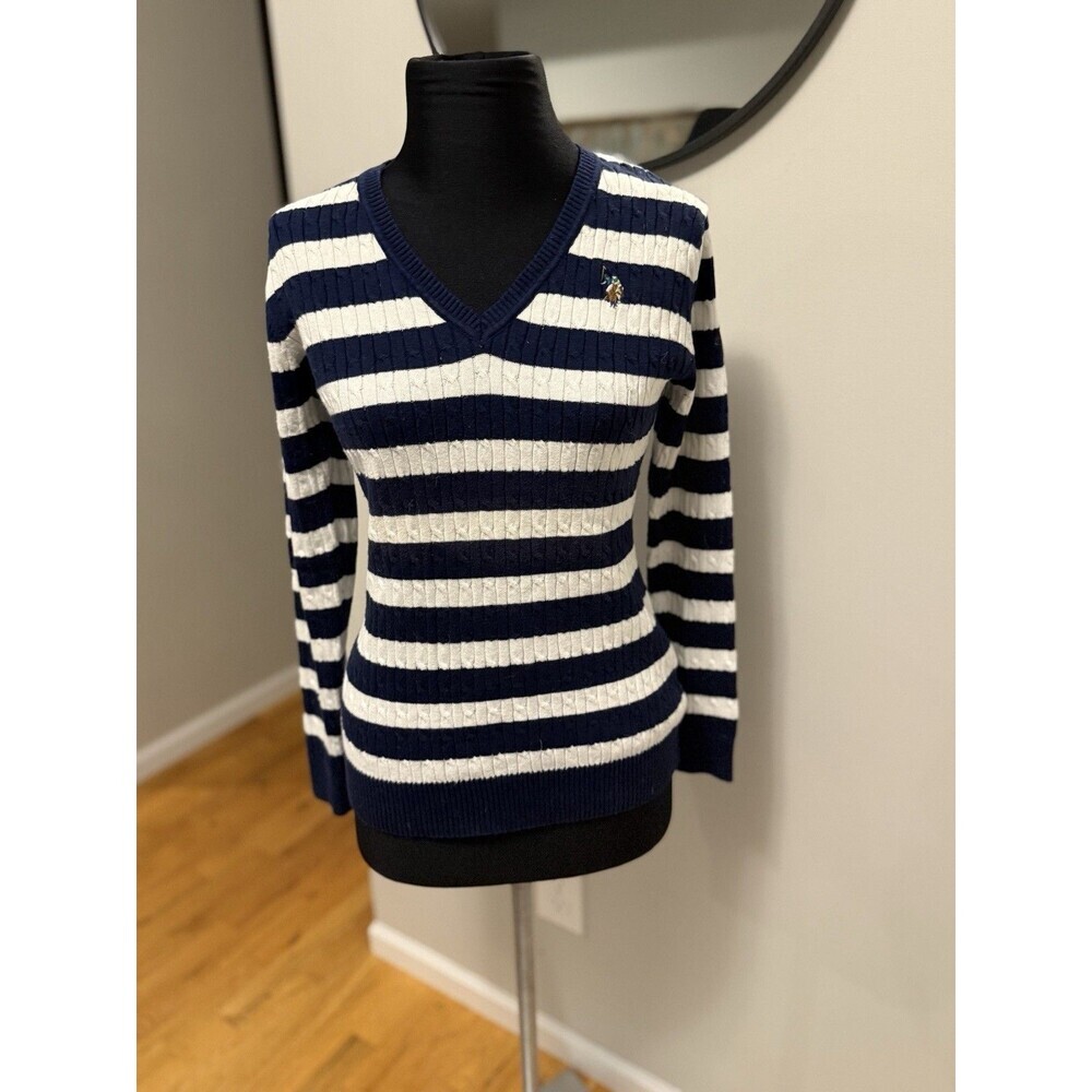 US Polo Assn VNeck Cable Knit Cotton Sweater Sz S Navy Cream Striped Preppy